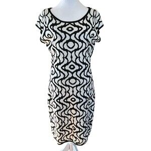 Laundry By Shelli Segal Black And White‎ Knit Cap Sleeve Dress Sz M